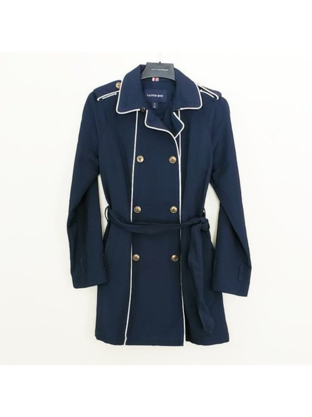 Lands’ End Women's XS Navy Trench Coat Double Breasted Belted Classic Preppy